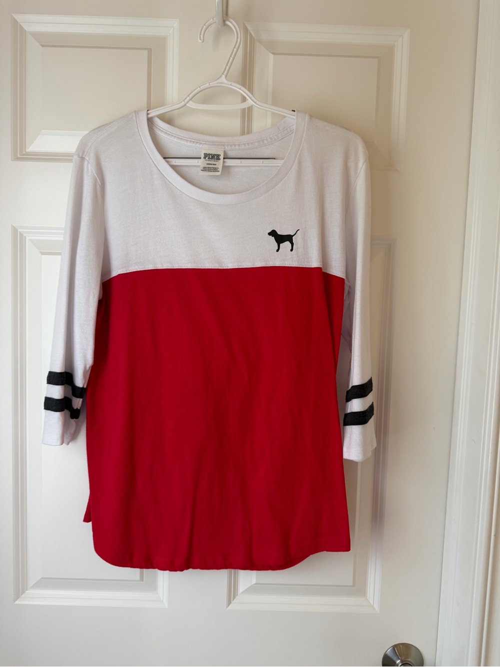 PINK Victoria's Secret Colorblock Red & White Crewneck Tee with Black Logo Large